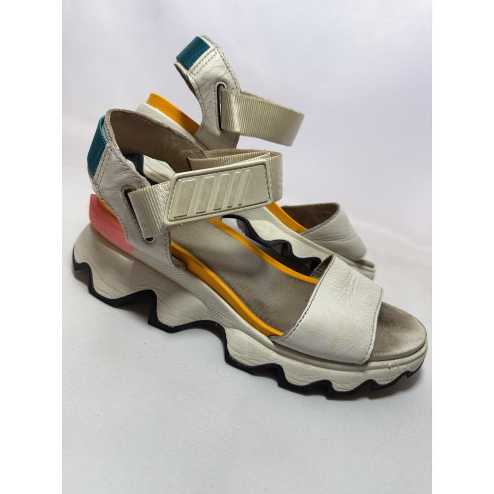 Sorel Kinetic Sandals Womens Size 7 White Leather Platform Wedge Strap Shoes